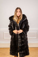 Load image into Gallery viewer, Very elegant Saga black mink coat with hoody for women
