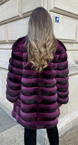Chinchilla fur dream coat in purple for women seen from the back