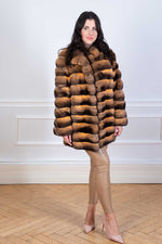 Load image into Gallery viewer, Chinchilla fur coat in dark gold orange color
