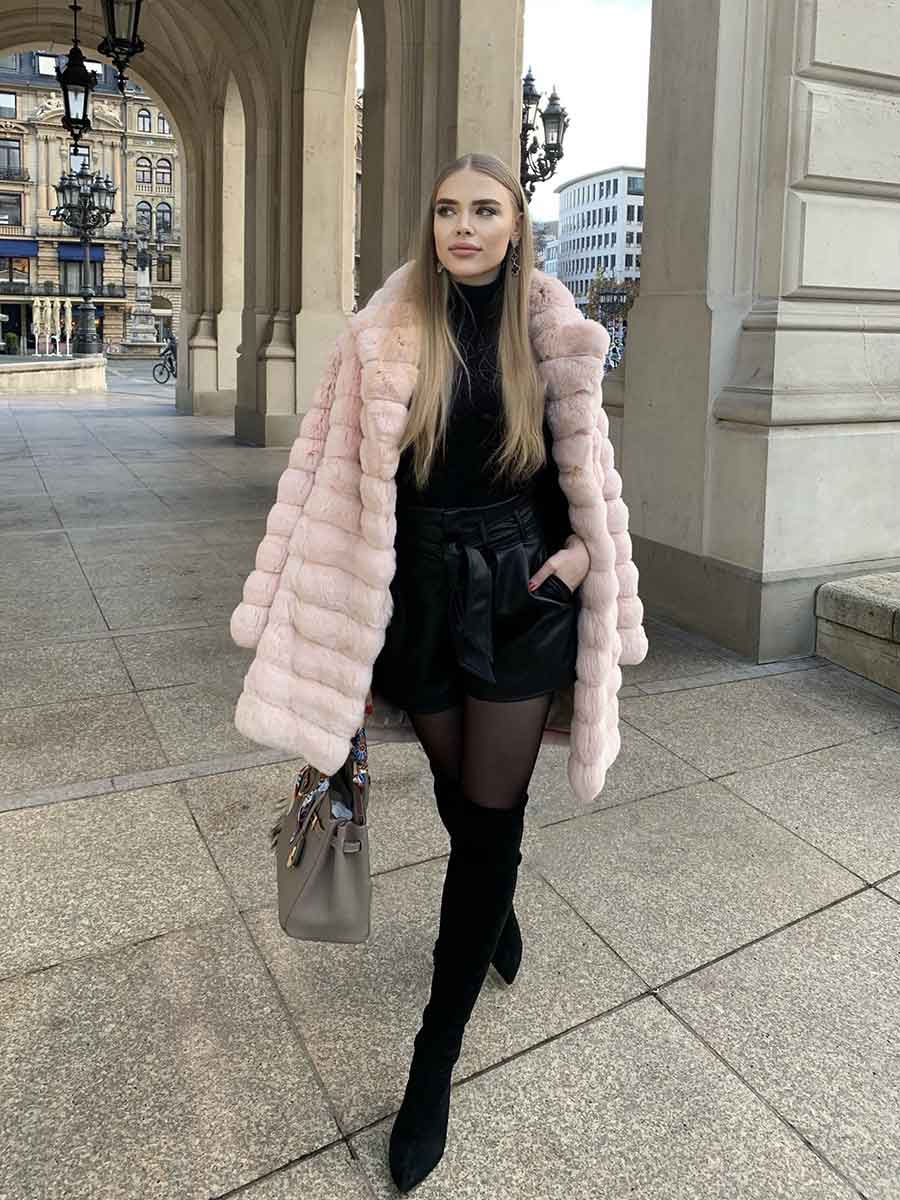 Chinchilla fur coat for women in a mellow rose color 