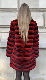 Load image into Gallery viewer, Chinchilla fur coat in red for women seen from the back

