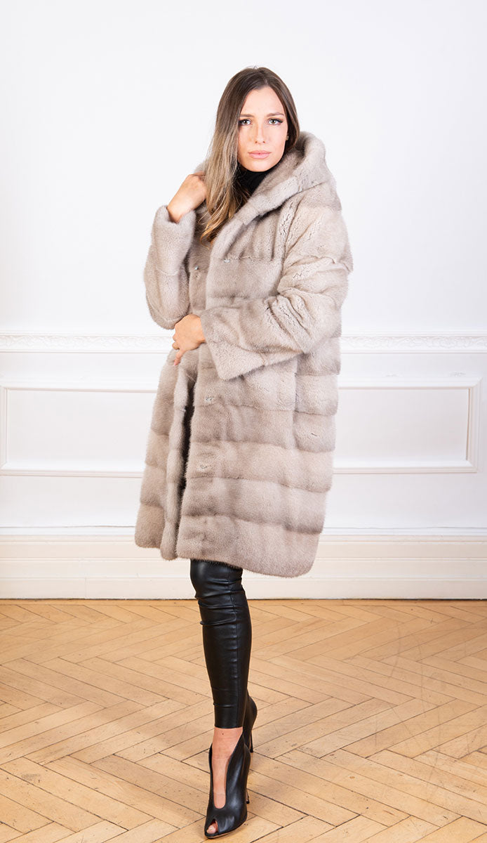 Mink Fur Coat with Hoody Silverblue grey Douvlos furs est. 1961