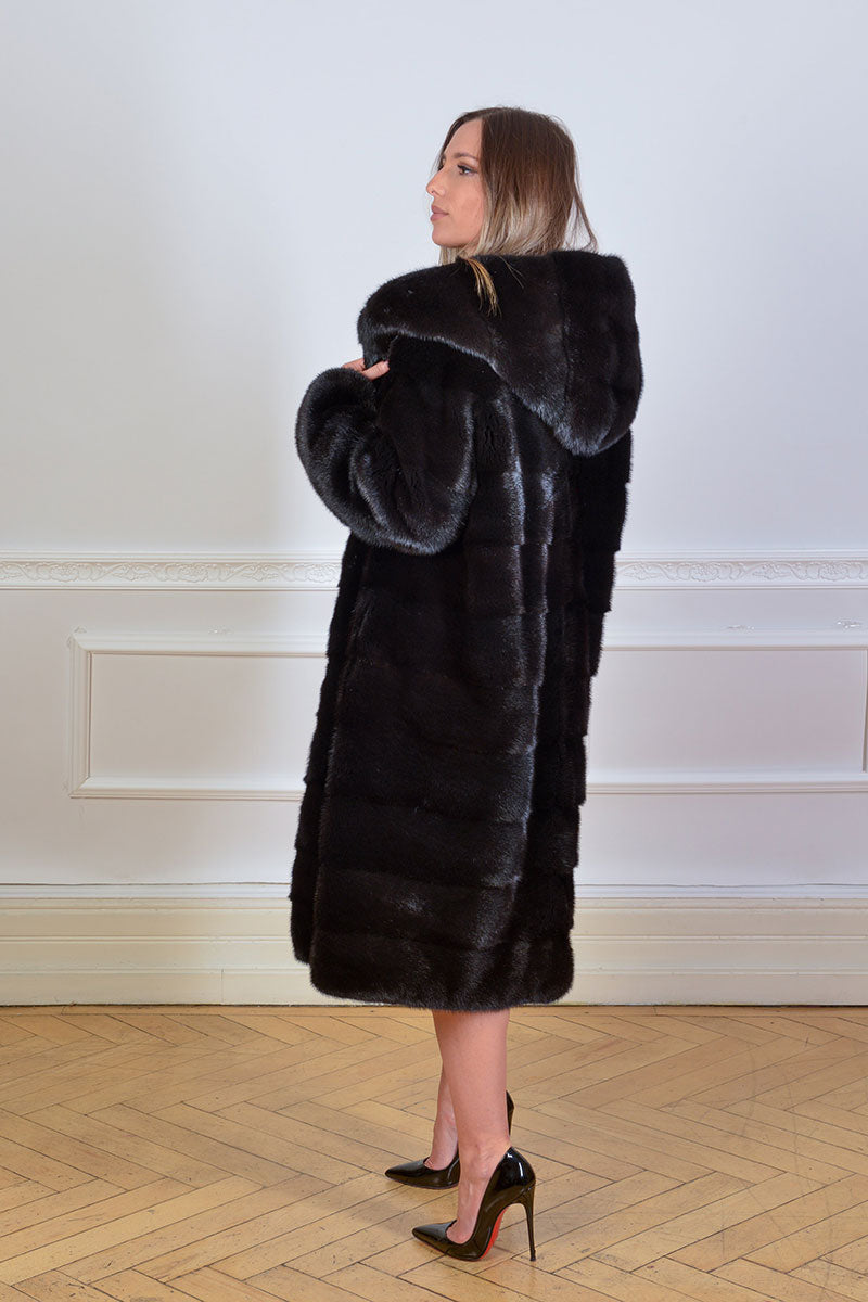 Beautiful Saga black mink coat with hoody seen from the back