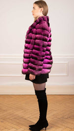 Load image into Gallery viewer, Stunning chinchilla fur coat in magenta pink seen from the side
