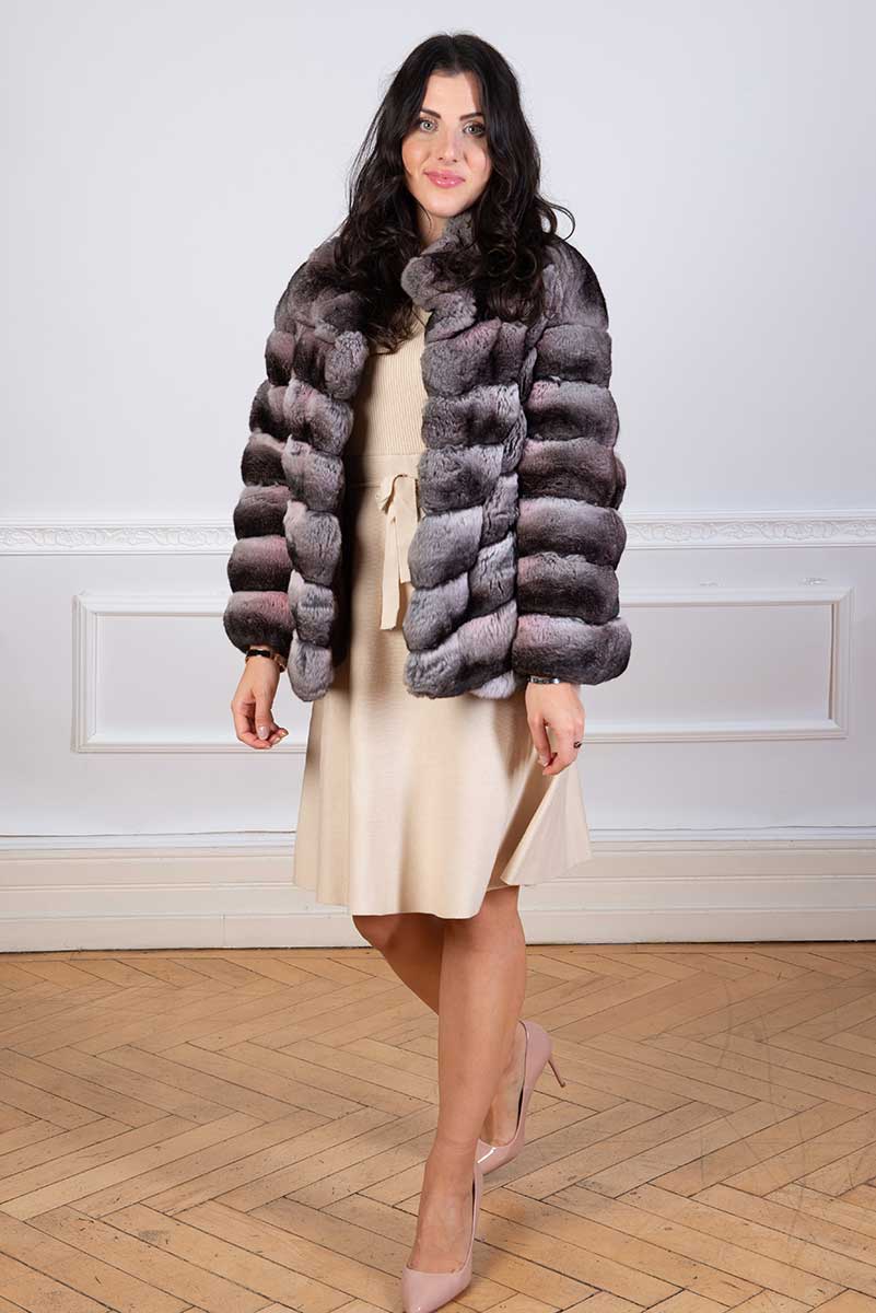 Chinchilla fur jacket in a very light pink colour