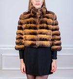 Load image into Gallery viewer, Closeup image from gold tone bolero jacket in finest chinchilla fur
