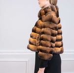 Load image into Gallery viewer, Gold tone bolero jacket in finest chinchilla fur seen from the side
