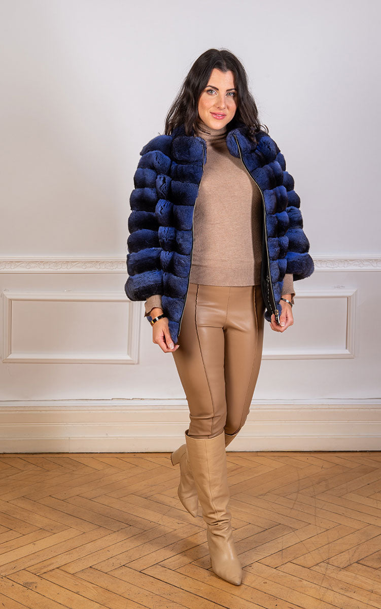 chinchilla fur jacket in light blue with a zipper