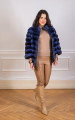 Load image into Gallery viewer, chinchilla fur jacket in light blue with a zipper
