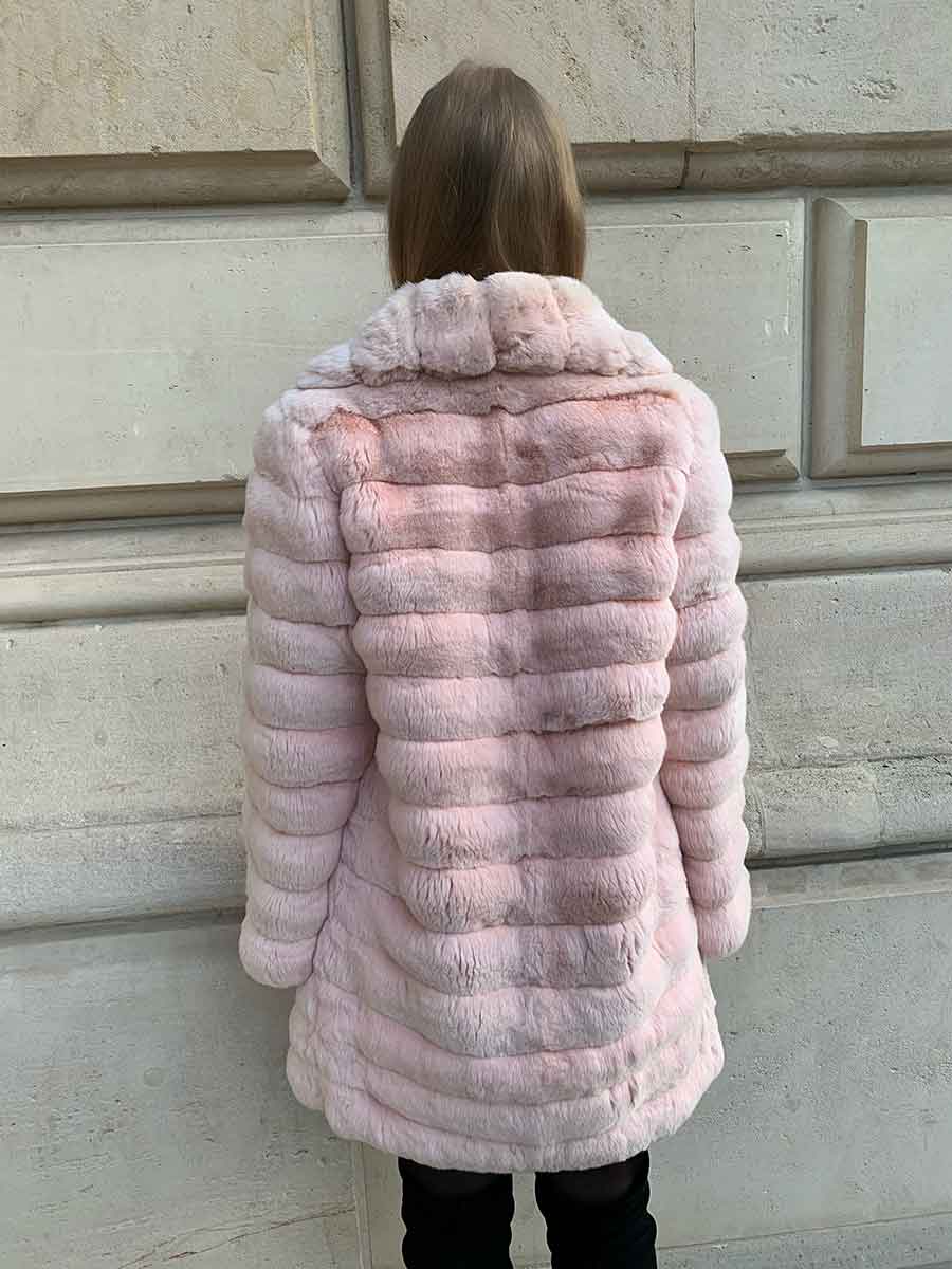 Mellow rose chinchilla fur coat for women seen from the back 