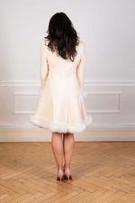 Load image into Gallery viewer, Mohair coat with white shadow fox and a flared skirt  seen from the back
