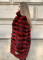 Load image into Gallery viewer, Red colored chinchilla fur coat for women seen from the side
