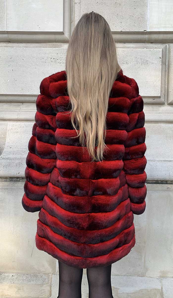 Chinchilla fur coat in red for women seen from the back