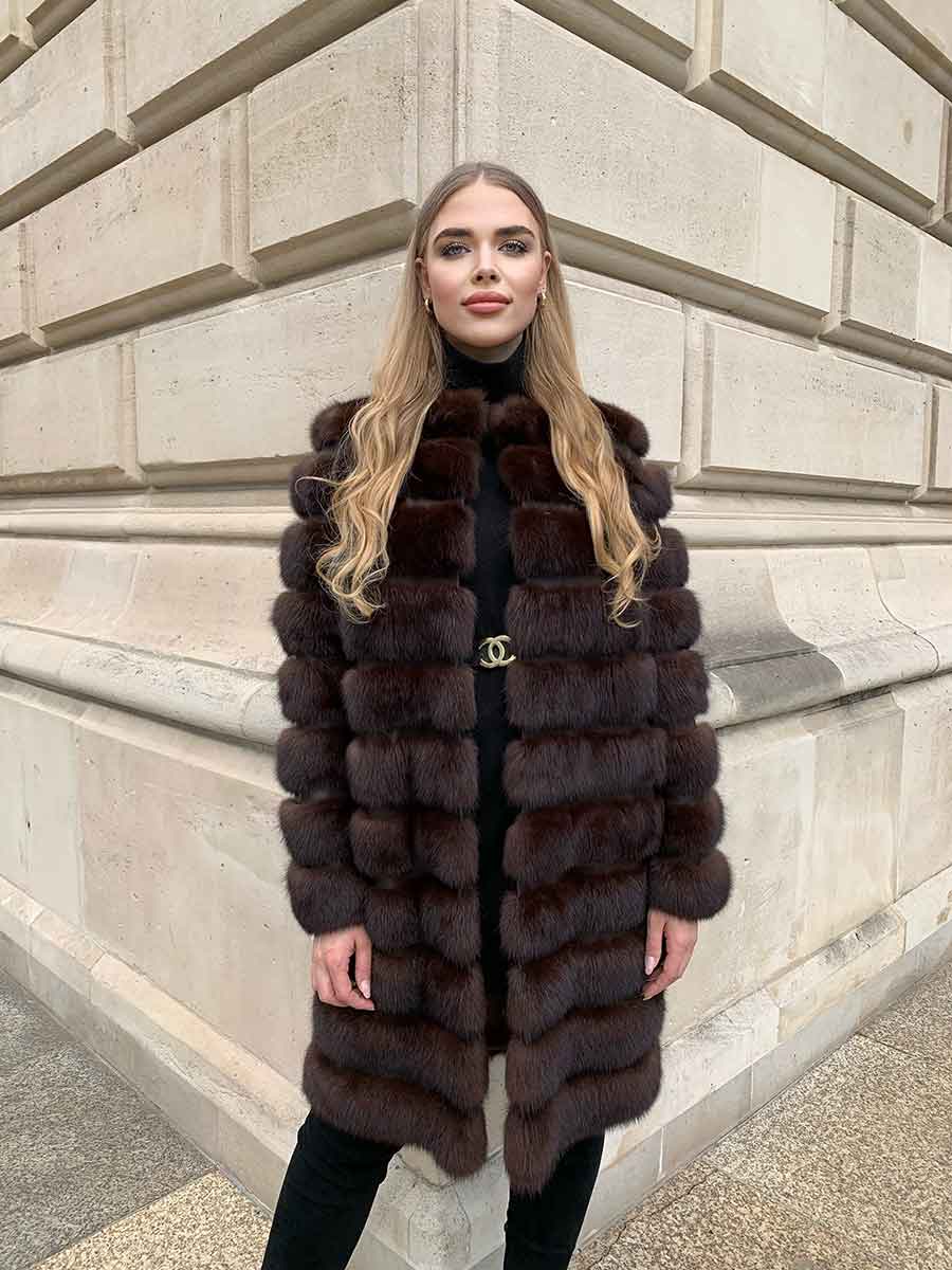Sable coat with leather inlays between fur for women