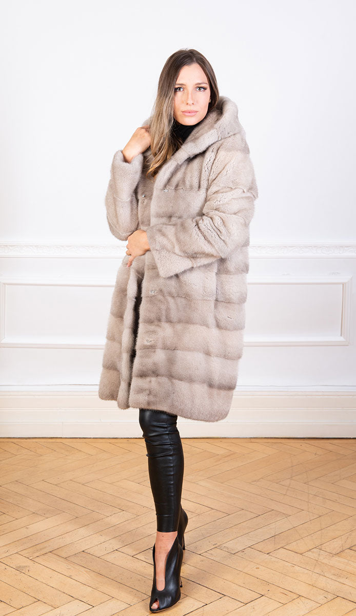 Hooded Saga Mink fur coat in natural pale silverblue