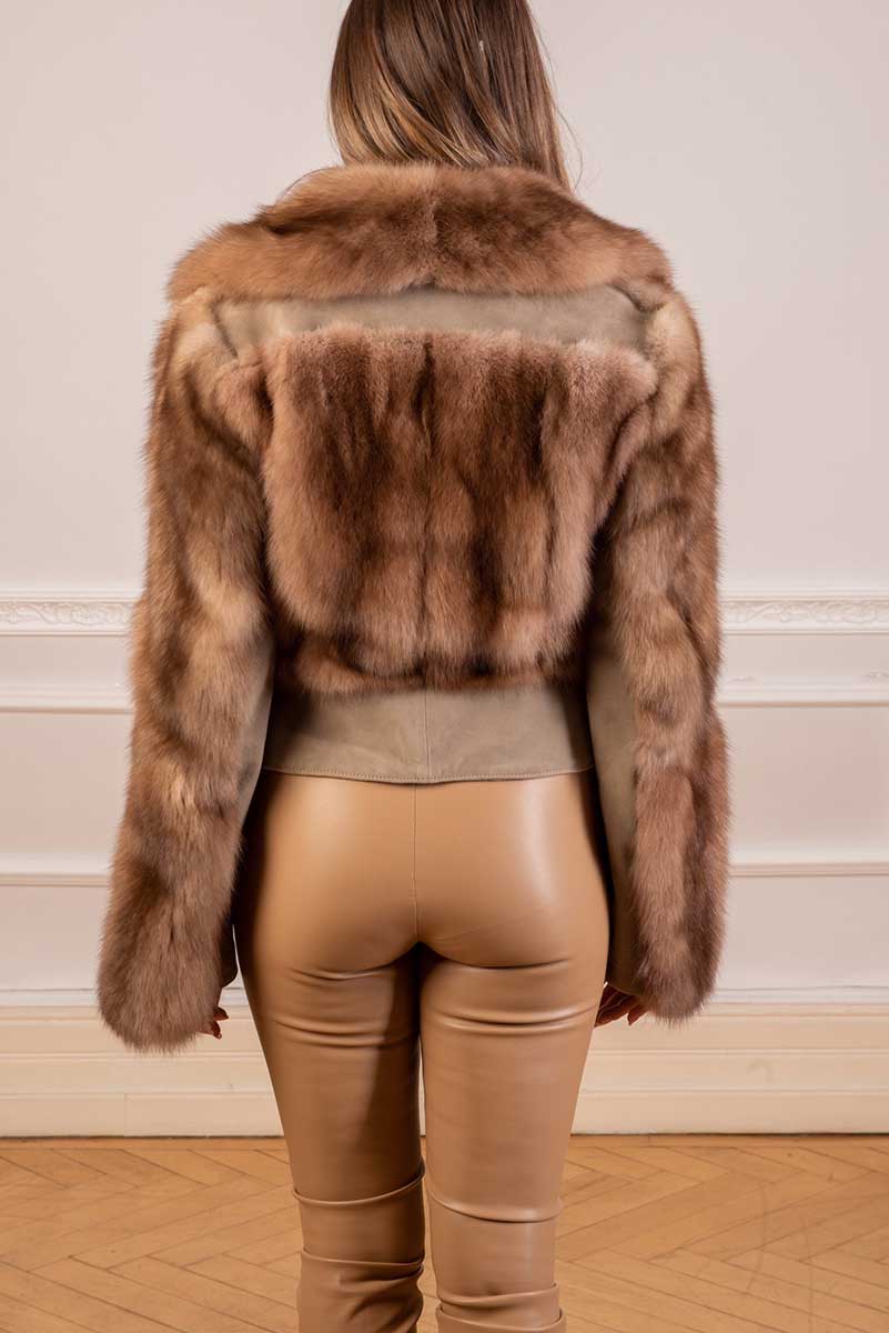 Very stylish bomber jacket with italian velour leather and finest russian sable fur seen from the back