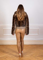Load image into Gallery viewer, Bomber jacket with velour leather and russian sable fur seen from the back
