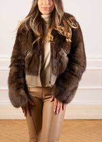 Load image into Gallery viewer, Bomber jacket with velour leather and russian sable fur seen in close up
