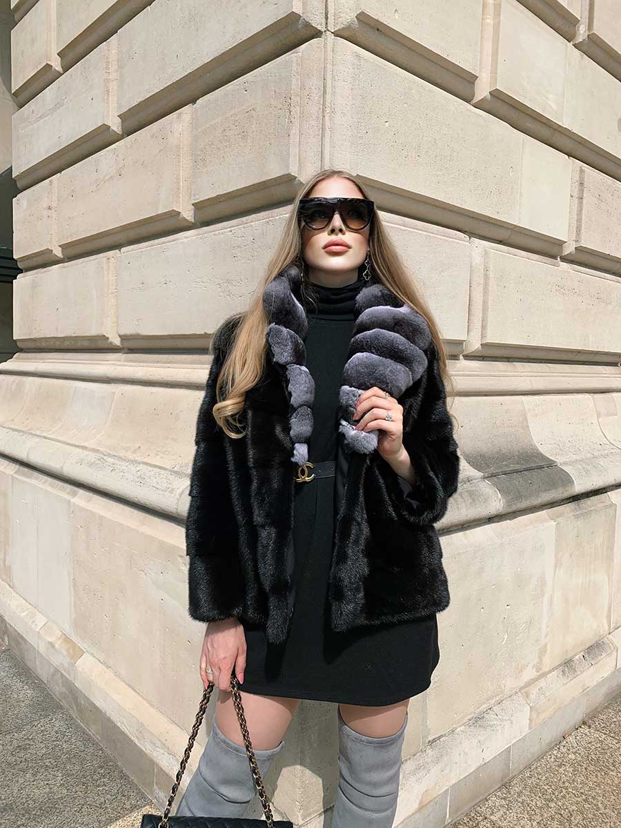 Scandinavian mink jacket in dyed black colour combined with the softest chinchilla fur 
