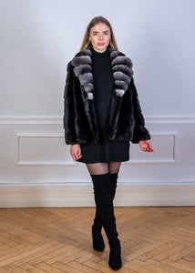Mink jacket in dark color combined with chinchilla fur 