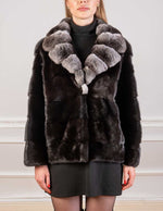 Load image into Gallery viewer, Scandinavian mink jacket with chinchilla fur for women closeup
