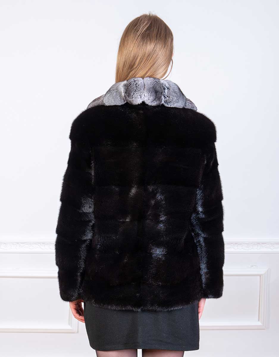 Scandinavian mink jacket in dyed black colour combined with the softest chinchilla fur seen from the back